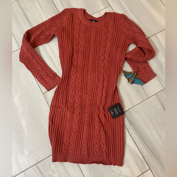 Snuggly and Sexy - Lulu's backless cable sweater dress in Rusty Red - XL - Picture 6 of 7